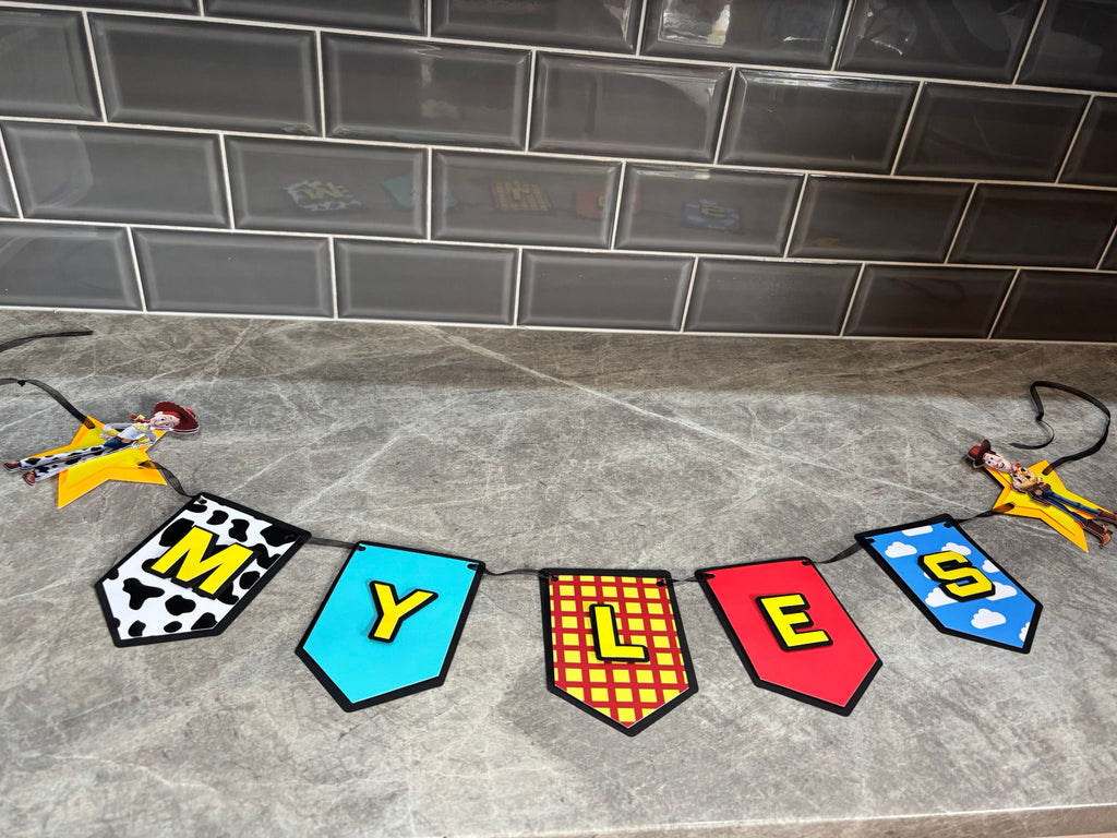 Toy Story Personalised Name Bunting | Woody & Jessie Birthday Banner | Custom Toy Story Party Decorations | Handmade Character Name Garland