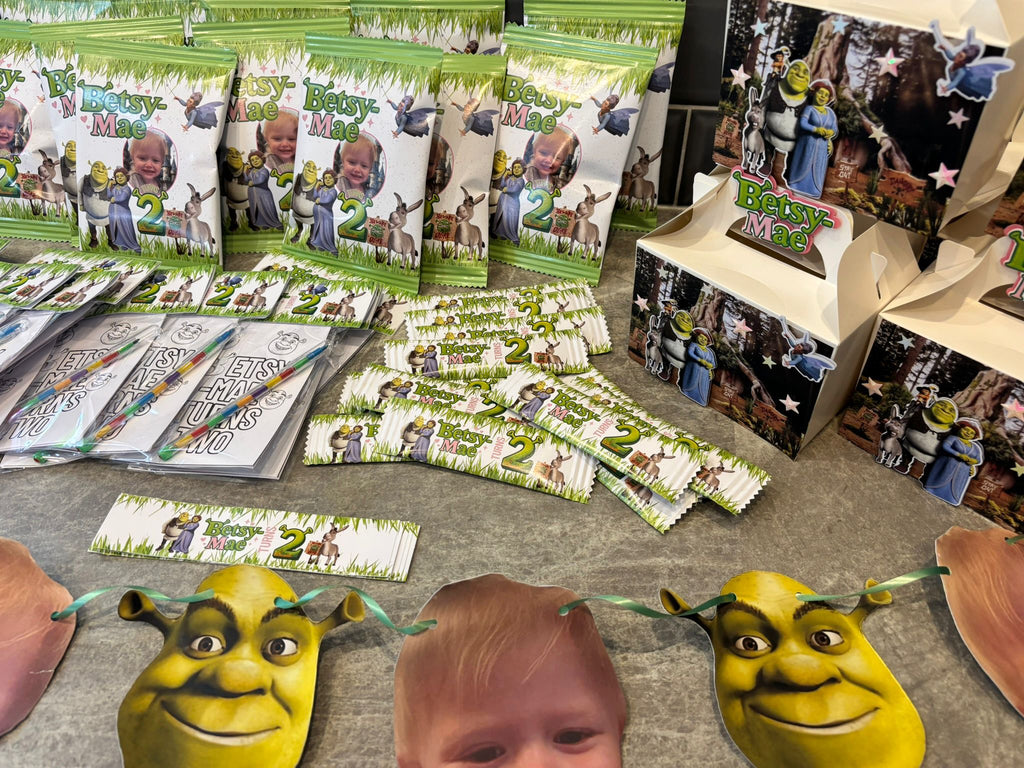Personalised Shrek Party Bundle | Shrek Birthday Party Favours | Custom Treat Box, Crisp Packet, Chocolate Wrapper, Drink Label & Colouring Pack