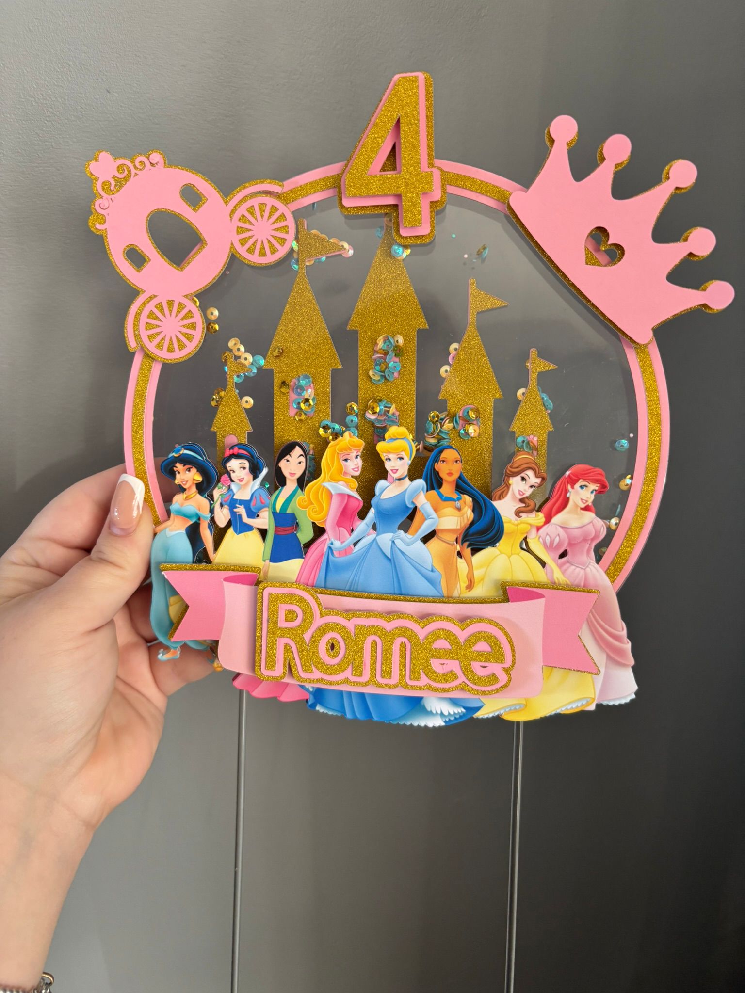 Personalised Disney Princess Cake Topper | Custom Name & Age Birthday Decoration | Princess Party Shaker Topper