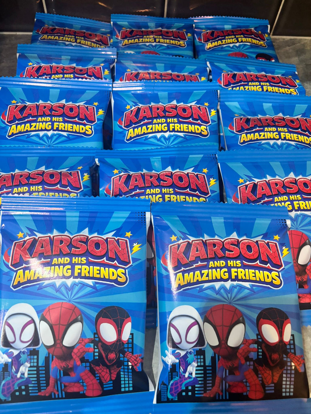 Personalised Spidey & His Amazing Friends Party Bundle | Spider Superhero Birthday Favours | Treat Bag, Chocolate Wrapper & Drink Label Set