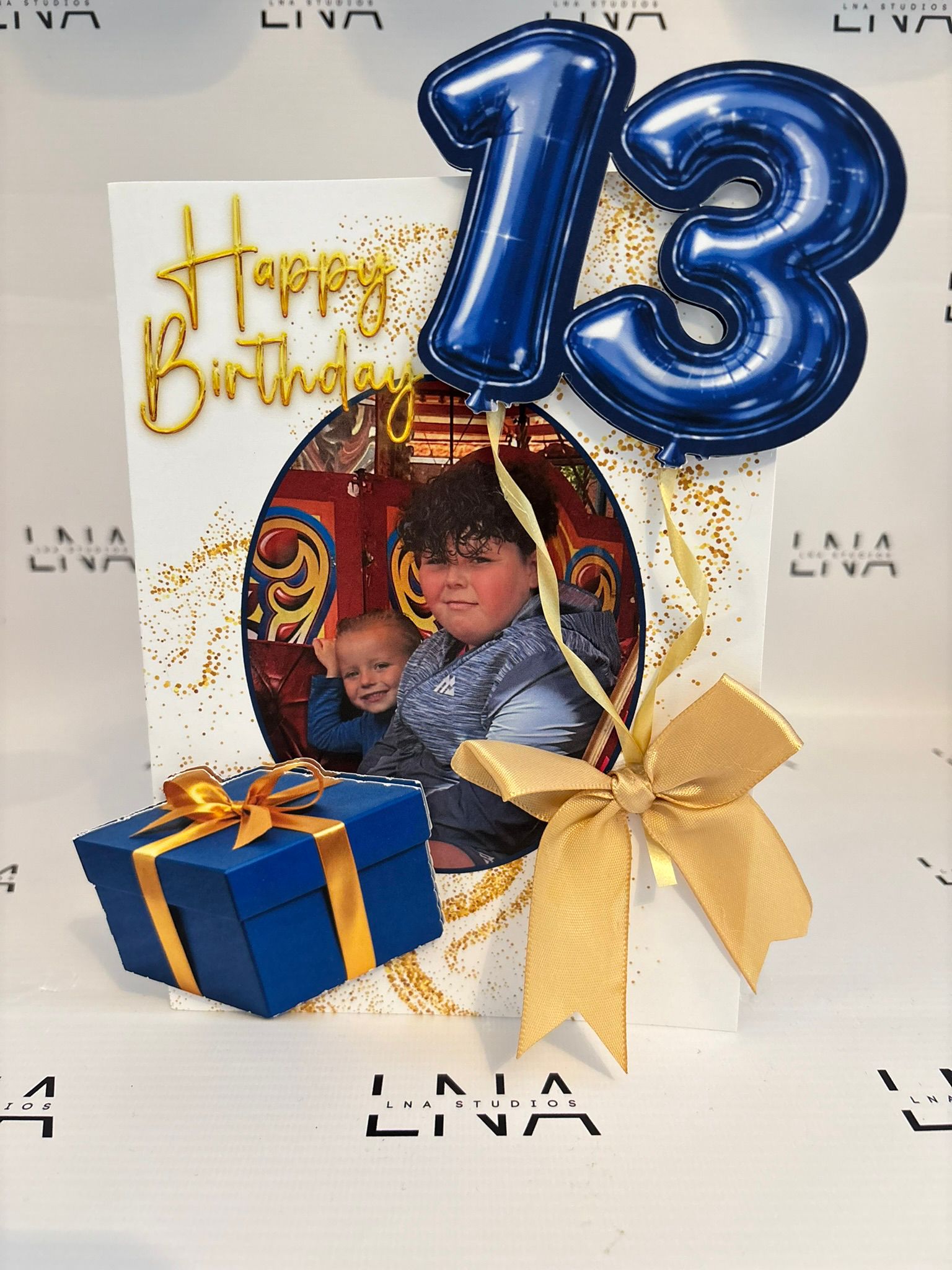 Personalised 13th Birthday Card with Photo – Blue Balloon & Gift Box Design