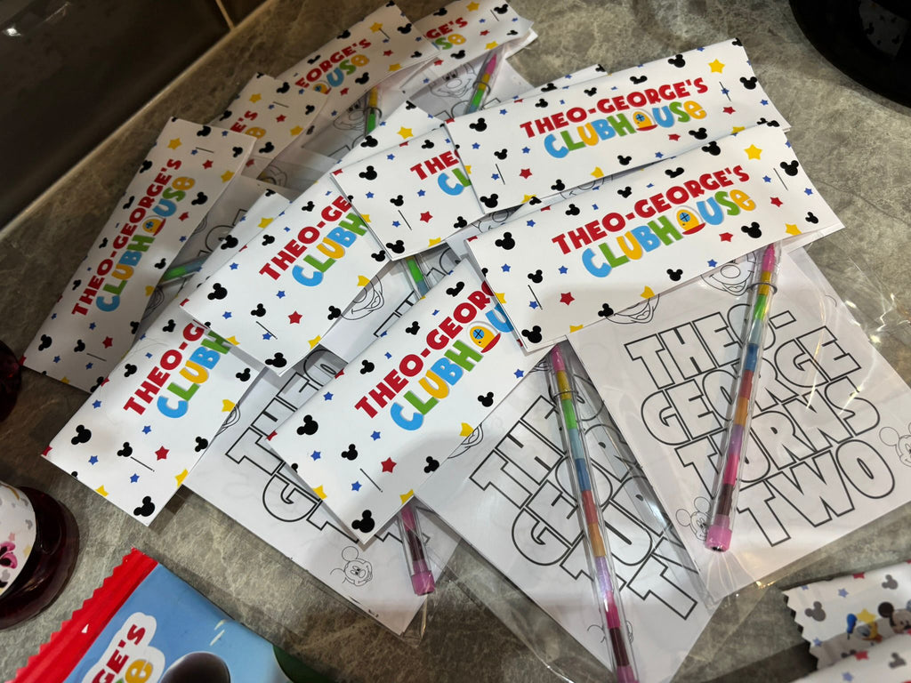 Personalised Mickey Mouse Clubhouse Party Bundle | Mickey Birthday Favours | 2nd Birthday Party Bags | Personalised Treat Boxes & Colouring Packs