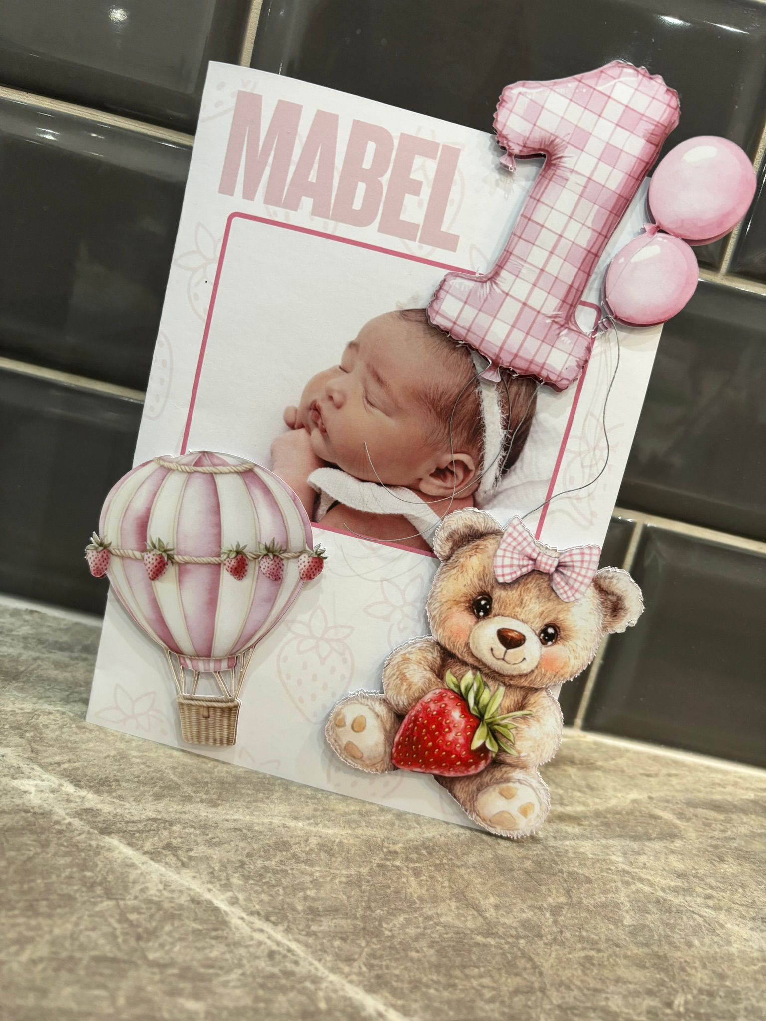 Personalised 1st Birthday Card for Girl – Custom Photo First Birthday Card – Teddy Bear & Hot Air Balloon Birthday Keepsake