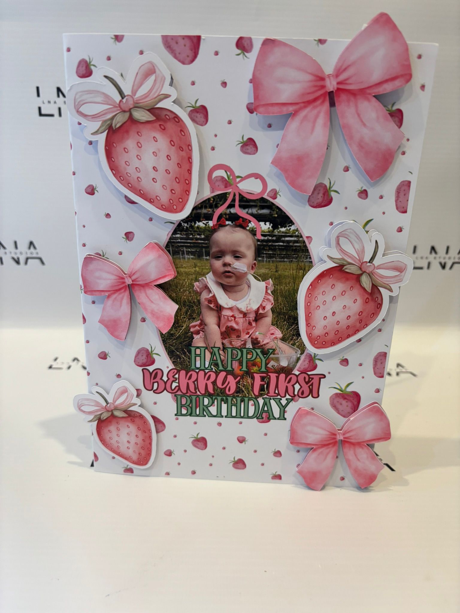 Personalised Strawberry First Birthday Card with Photo