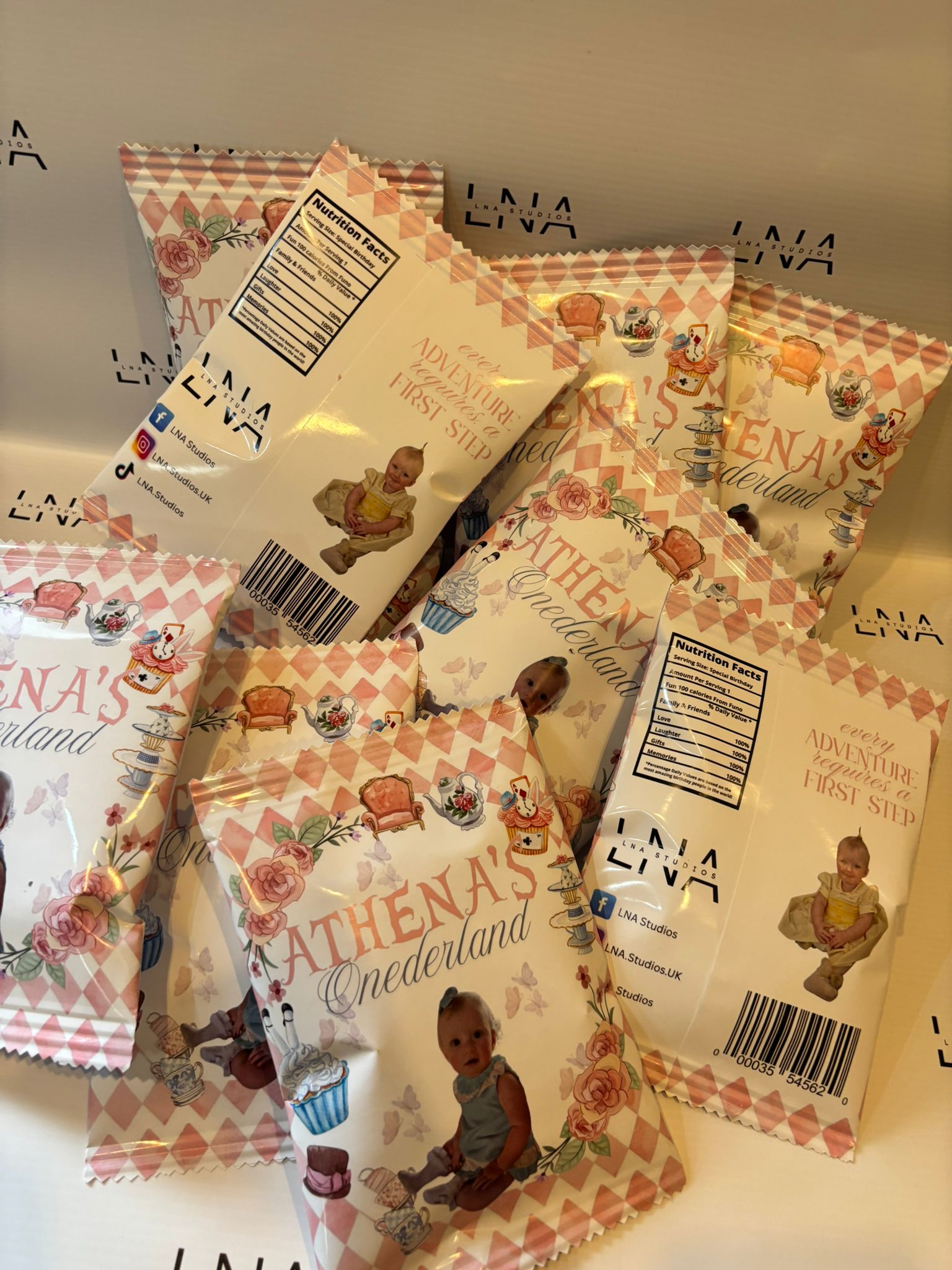 Personalised Alice in Wonderland Party Bundle | First Birthday Party Favours | Wonderland Treat Box, Crisp Packet & Drink Label Set