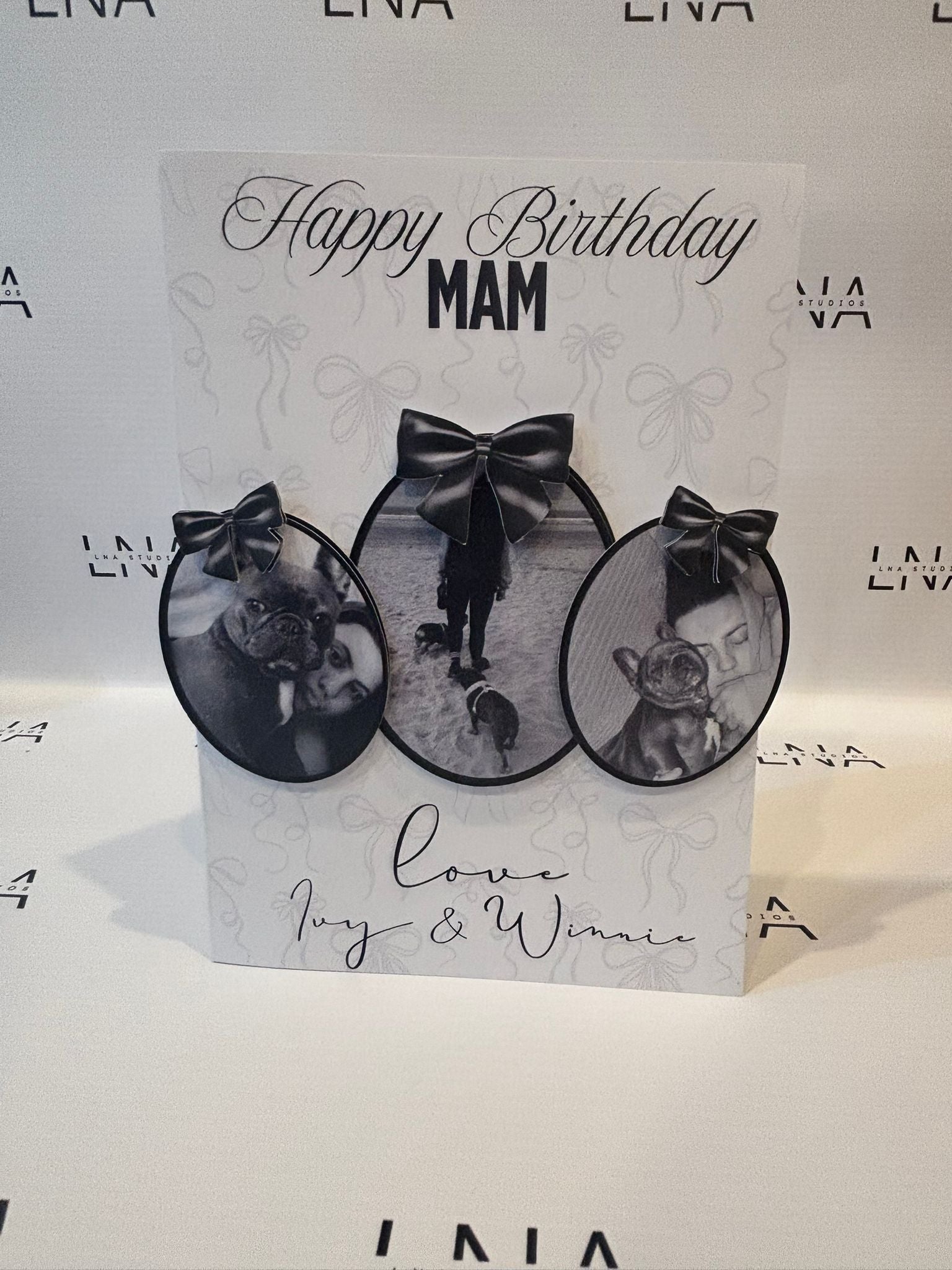 Personalised Photo Birthday Card for Mam – Elegant Black Bow Birthday Card – Custom Photo Birthday Card for Mum – Luxury Birthday Card