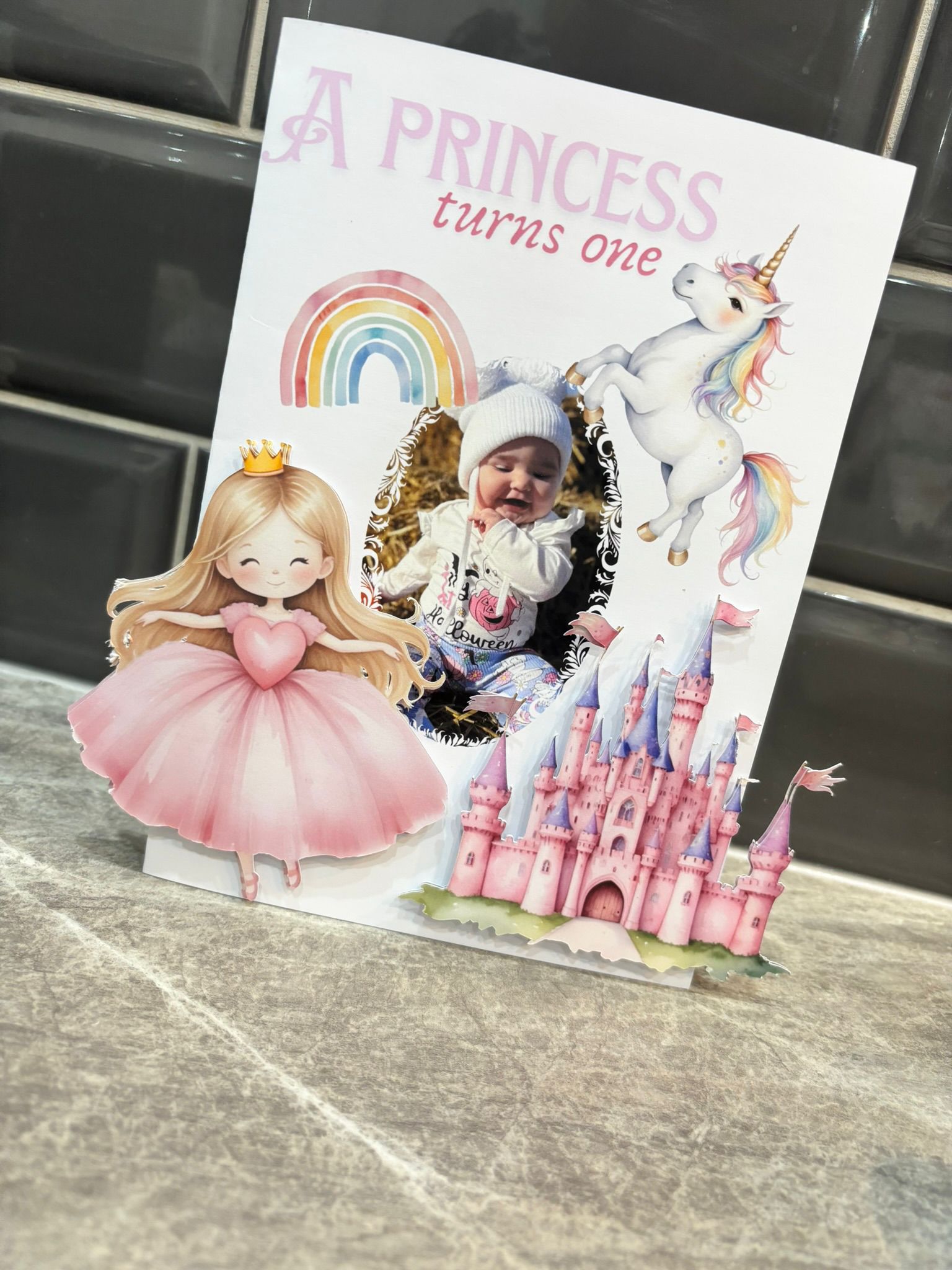 Personalised Princess First Birthday Card – Custom Photo 1st Birthday Card – Princess Castle & Unicorn Birthday Keepsake for Girls