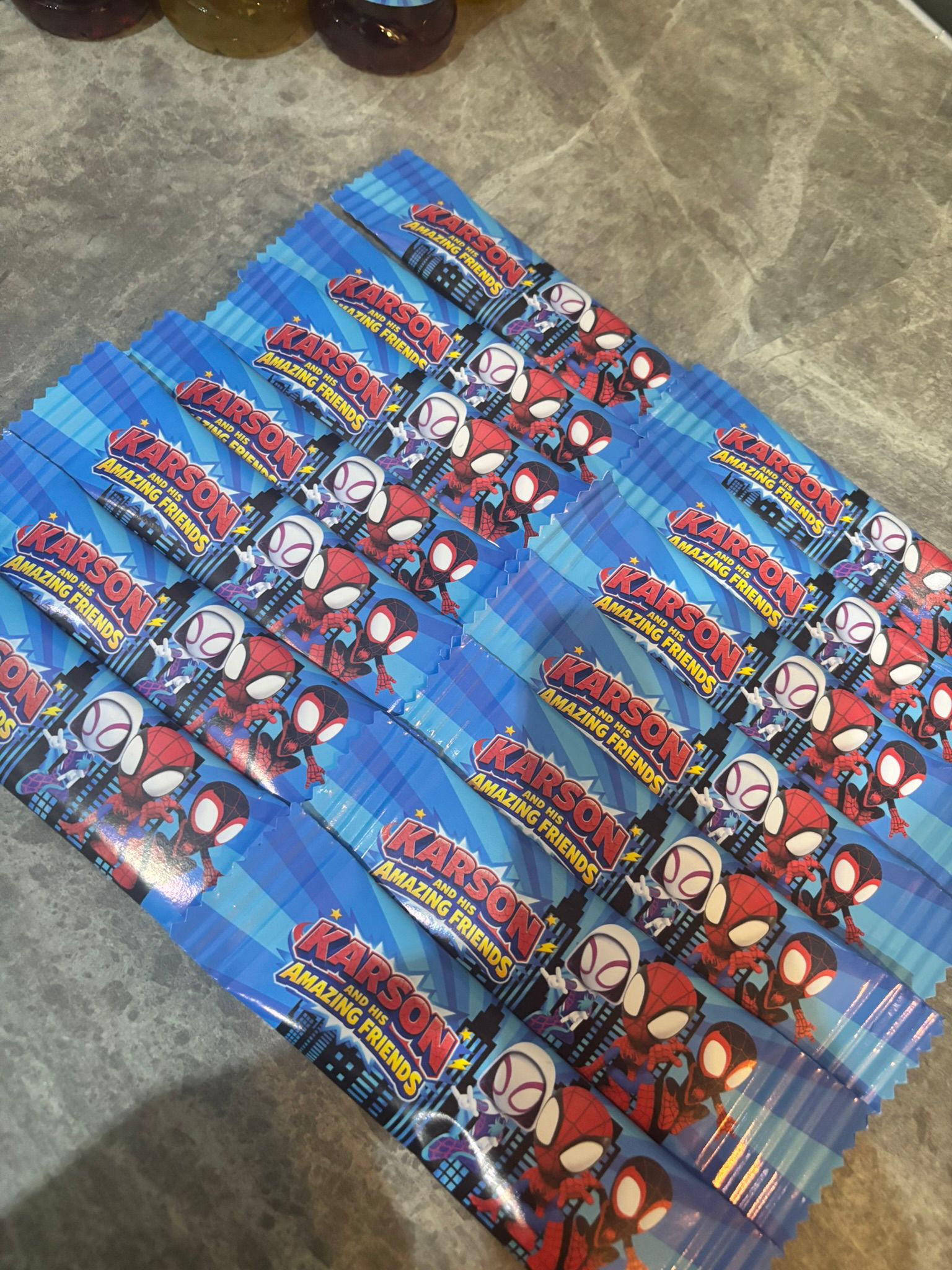 Personalised Spidey & His Amazing Friends Party Bundle | Spider Superhero Birthday Favours | Treat Bag, Chocolate Wrapper & Drink Label Set