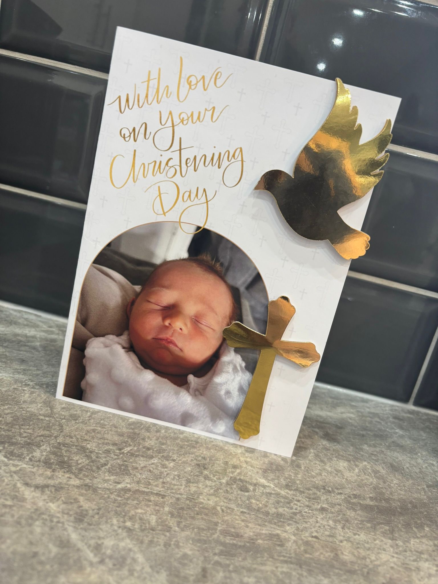 Personalised Christening Card with Photo – Custom Baptism Card – Baby Christening Keepsake Card with Gold Dove & Cross