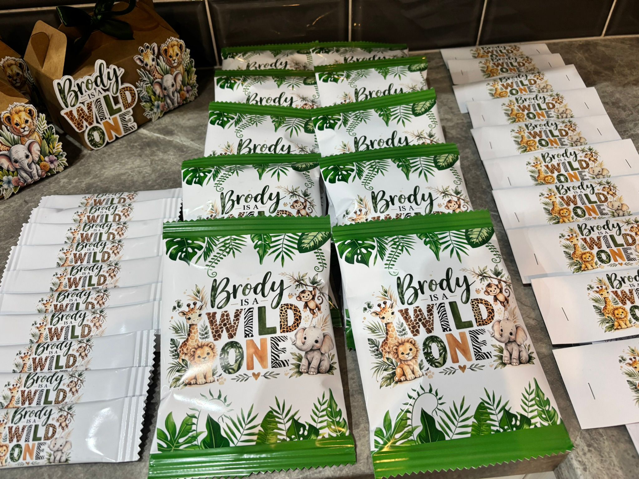 Personalised Wild One Party Bundle | Safari Jungle Birthday Favours | Wild One Treat Box, Chocolate Wrapper & Party Bag Bundle