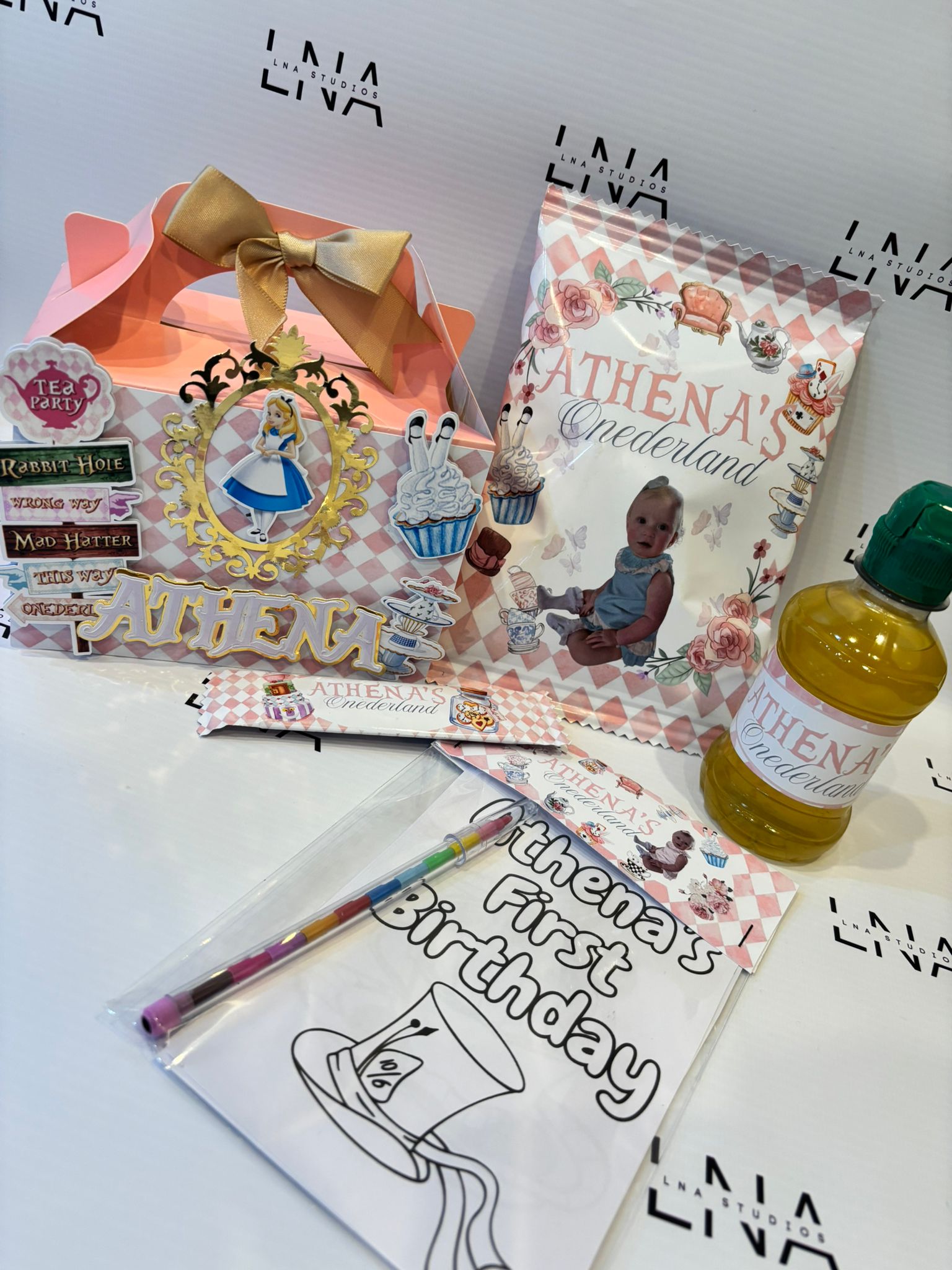 Personalised Alice in Wonderland Party Bundle | First Birthday Party Favours | Wonderland Treat Box, Crisp Packet & Drink Label Set