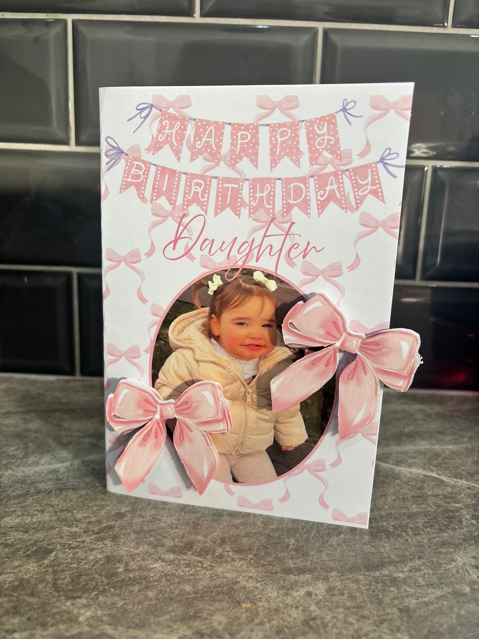 Personalised Daughter Birthday Card with Photo – Pink Bow Birthday Card for Daughter – Custom Photo Greeting Card
