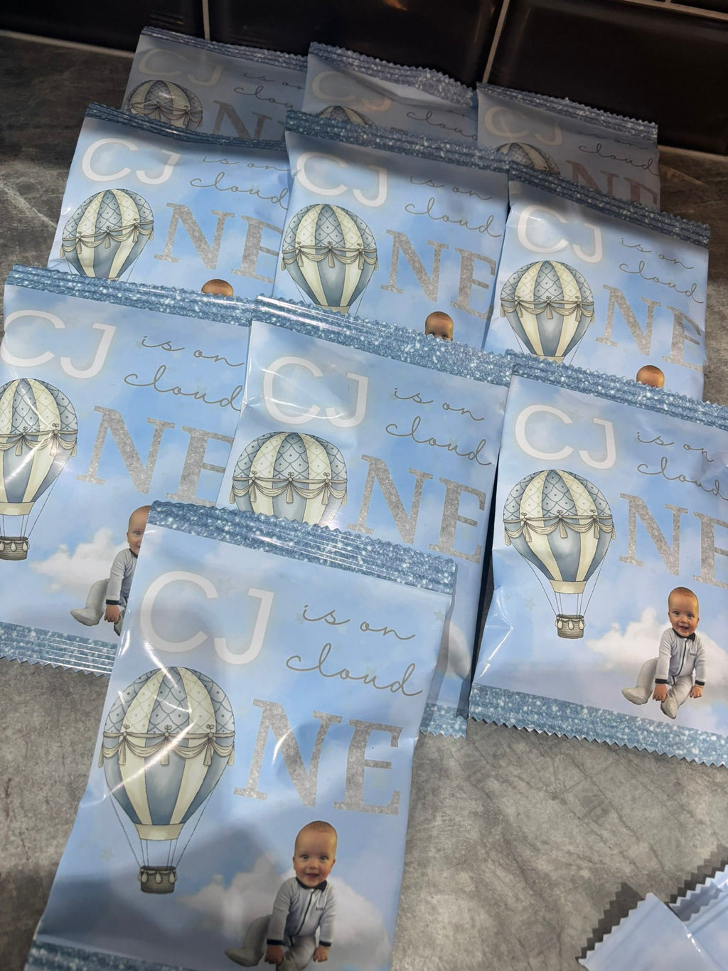 Personalised Hot Air Balloon First Birthday Party Bundle | Blue Cloud Theme Birthday Decorations | Party Favours For 10 Guests