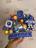Personalised Space Cake Topper | Custom Name & Age Birthday Decoration | Astronaut & Rocket Shaker Party Topper